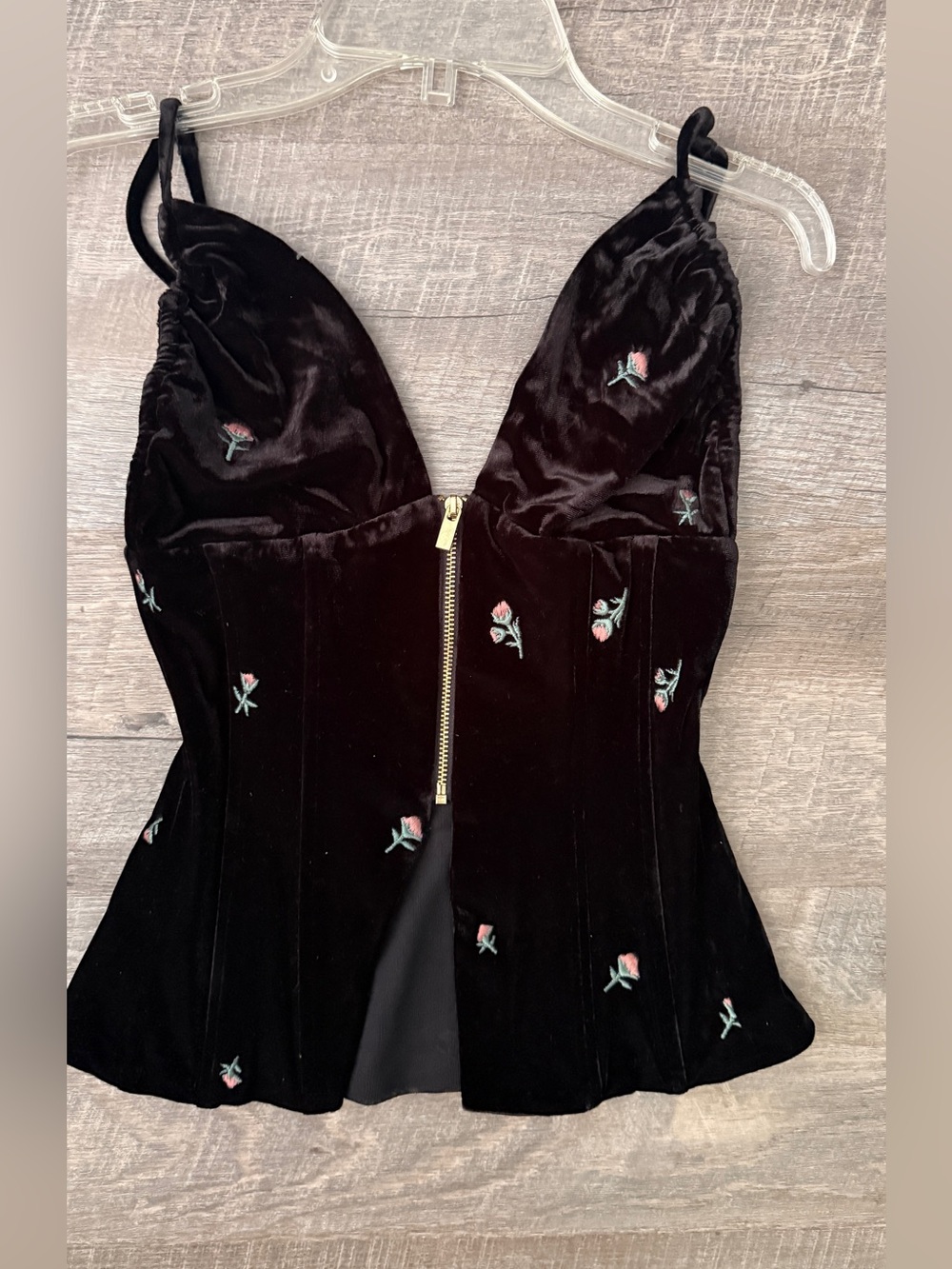 WeWoreWhat Black Velvet Strapless Corset Top with Pink Rose Embroidery